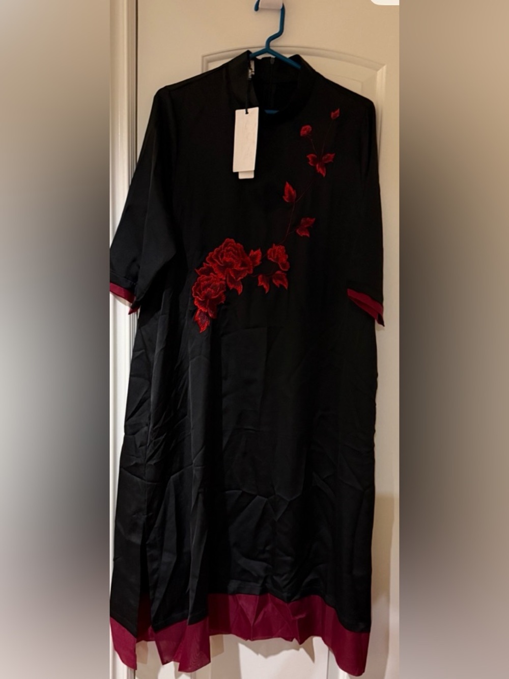 Black Midi Dress with Red Floral Embroidery